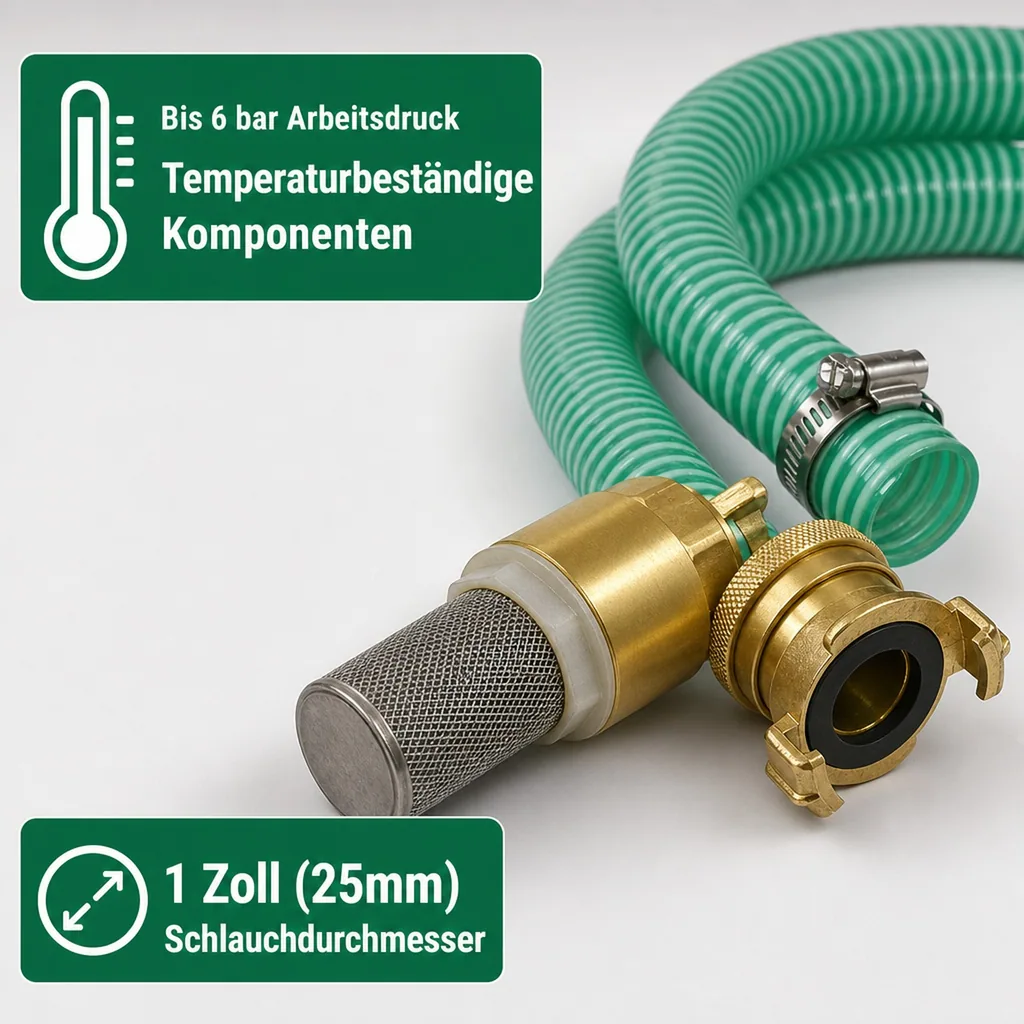 Saug- und Druckschlauch Set 8m, 1 Zoll, mit Saugkorb, Rückschlagventil, Saugkupplung