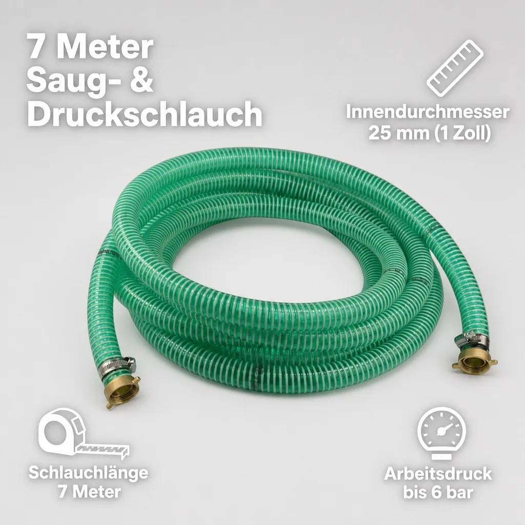 Druckschlauch 1 Zoll, Saug-Druckschlauch Set, 25mm, 7m