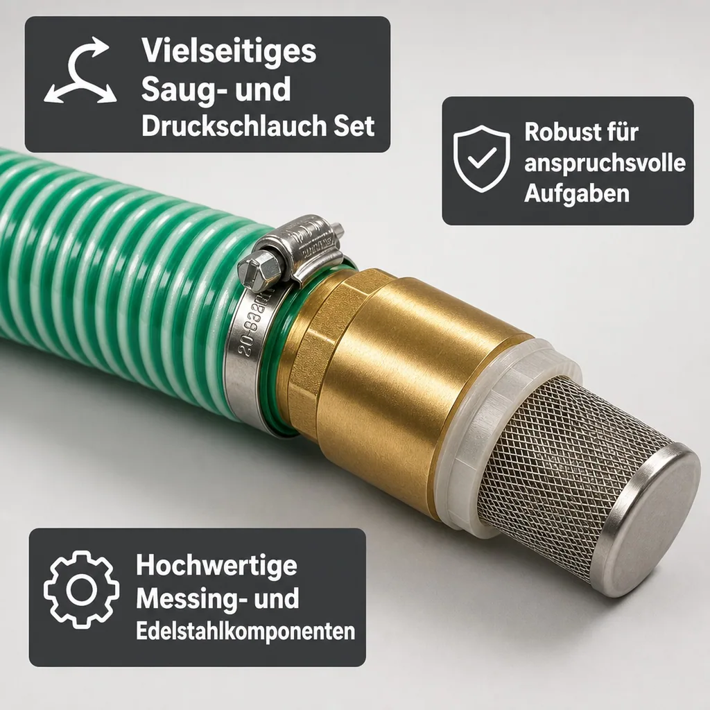 Druckschlauch 1 Zoll, Saug- & Druckschlauch Set, 2m, Saugkorb mit Rückschlagventil