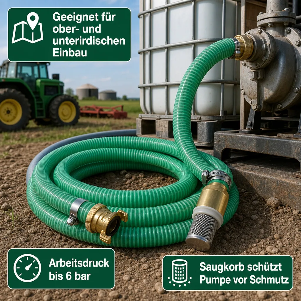 Druckschlauch 1 Zoll, Saug- & Druckschlauch Set, 2m, Saugkorb mit Rückschlagventil