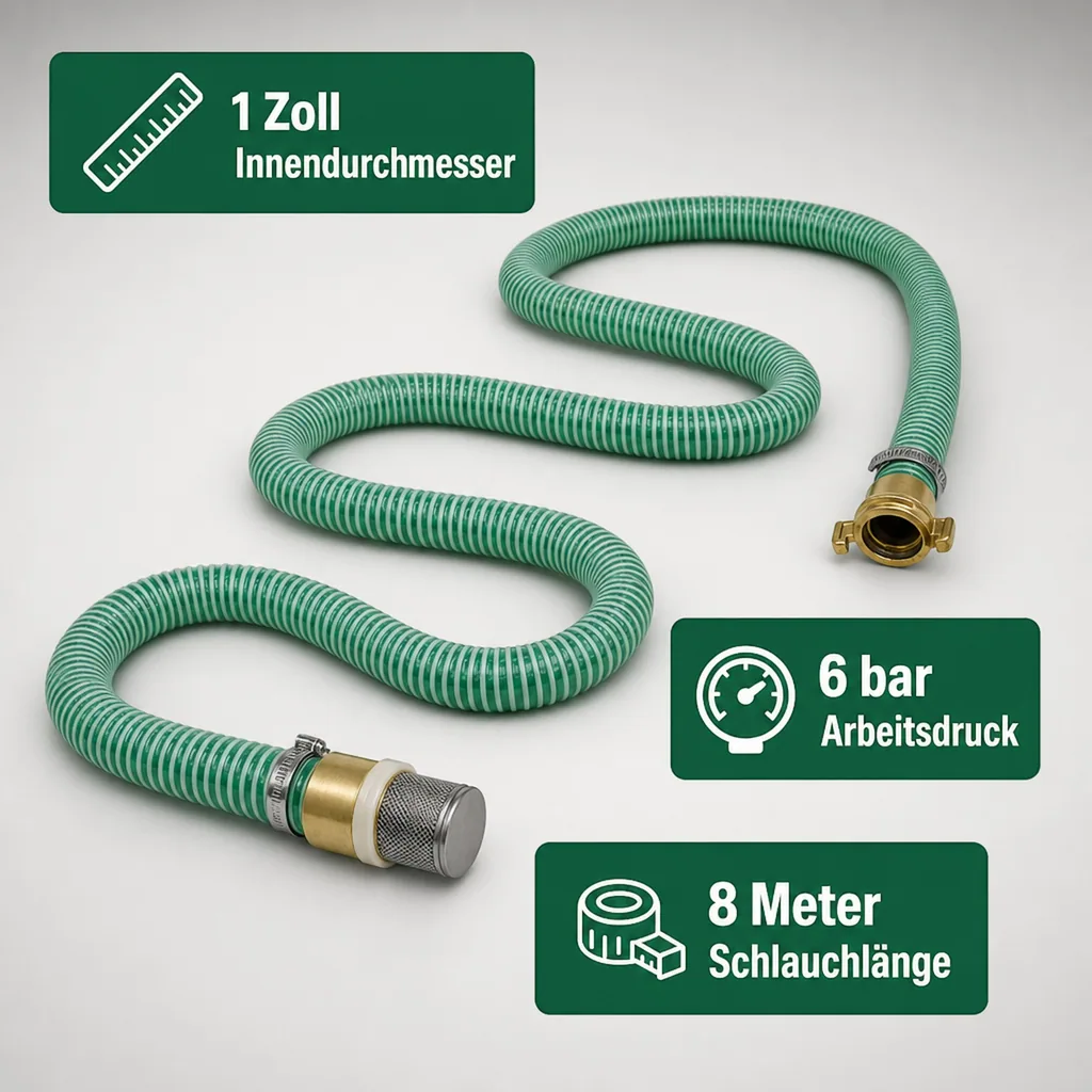 Saug Druckschlauch 1 Zoll, mit Saugkorb, Rückschlagventil, Schnellkupplung, 8m