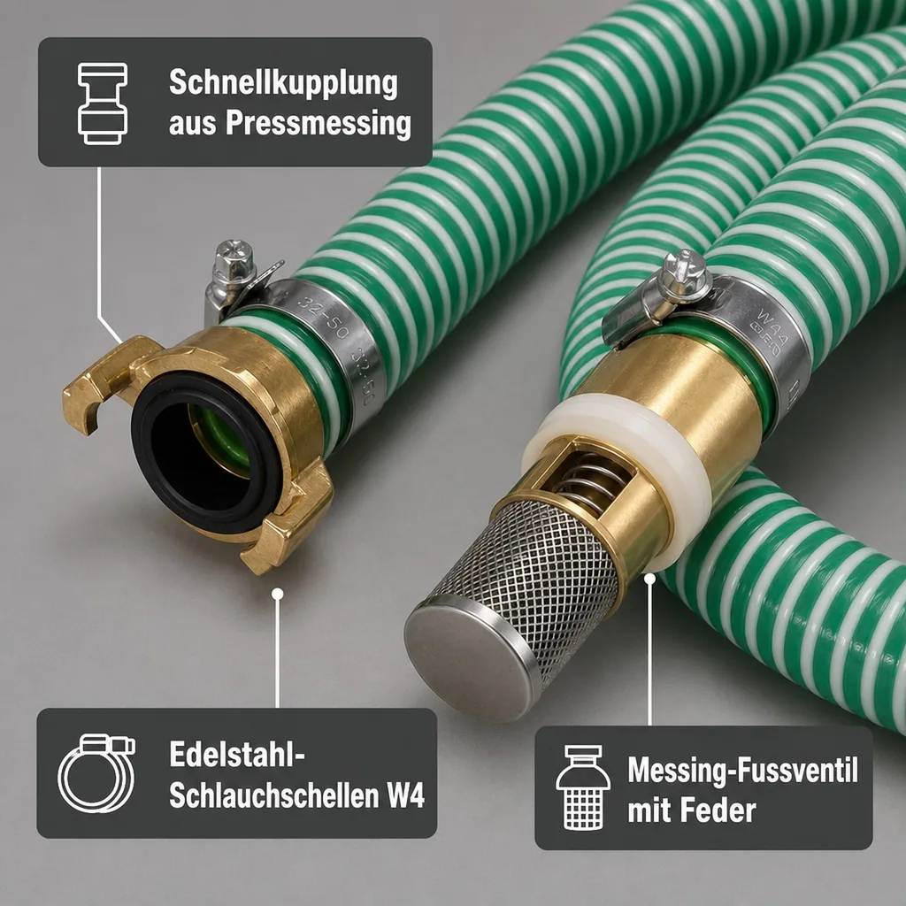 Saug Druckschlauch 1 Zoll, mit Saugkorb, Rückschlagventil, Schnellkupplung, 8m