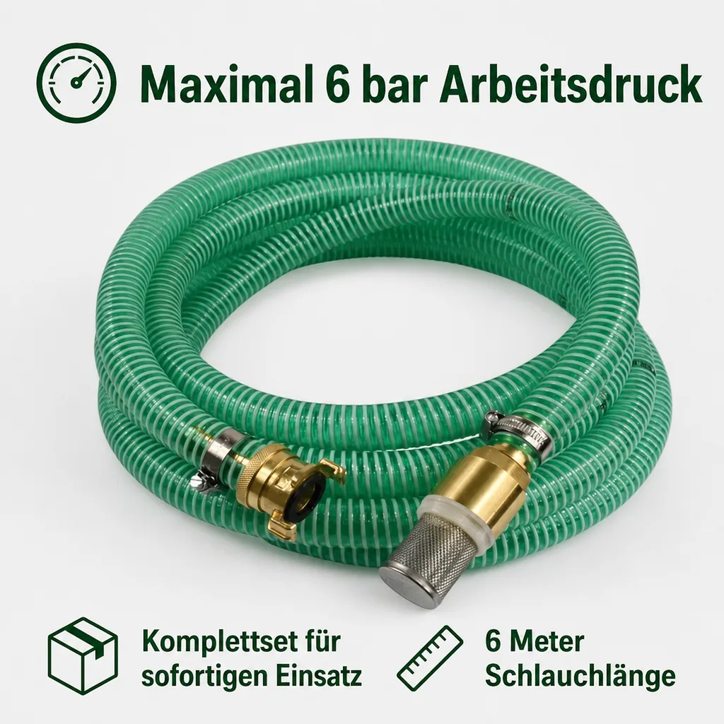 Saug- und Druckschlauch Set, 1 Zoll, mit Saugkorb, Rückschlagventil, 6m