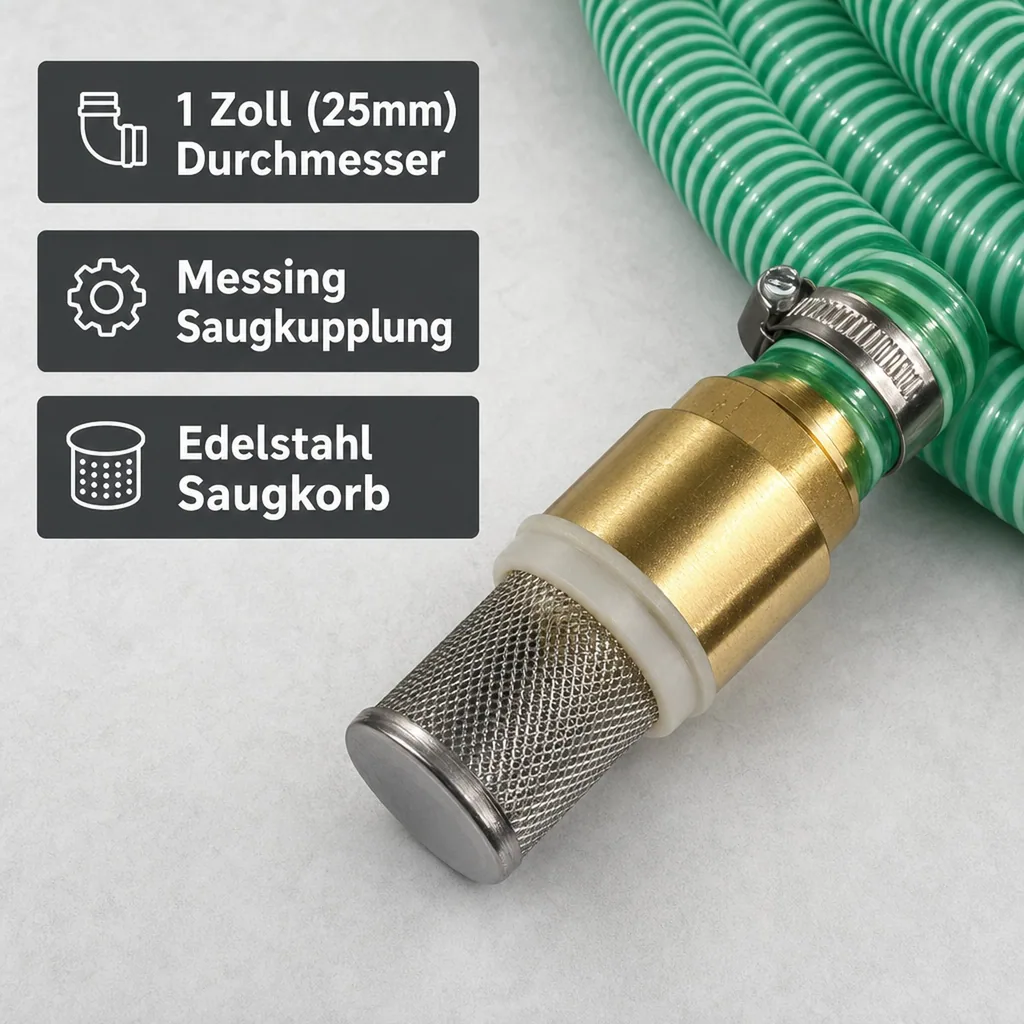 Saug- und Druckschlauch Set, 1 Zoll, mit Saugkorb, Rückschlagventil, 6m