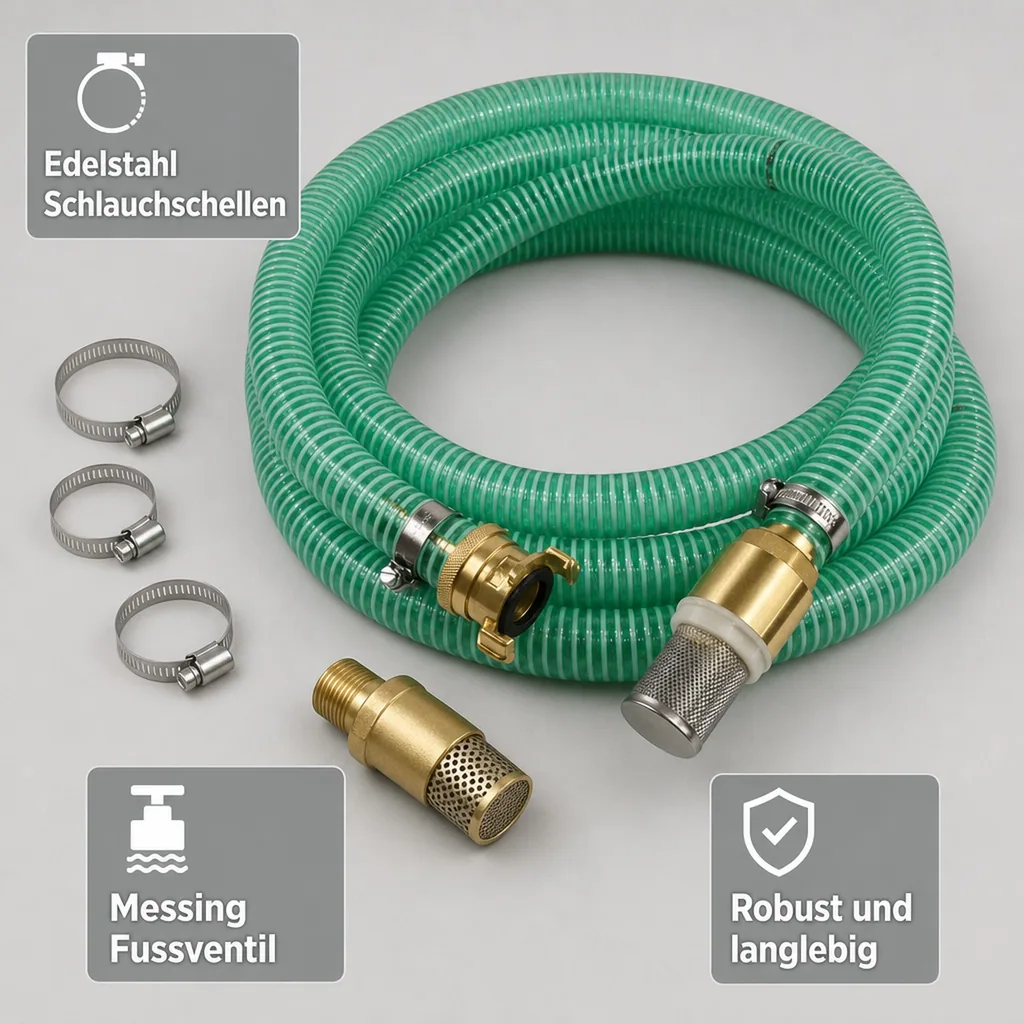 Saug- und Druckschlauch Set, 1 Zoll, mit Saugkorb, Rückschlagventil, 6m