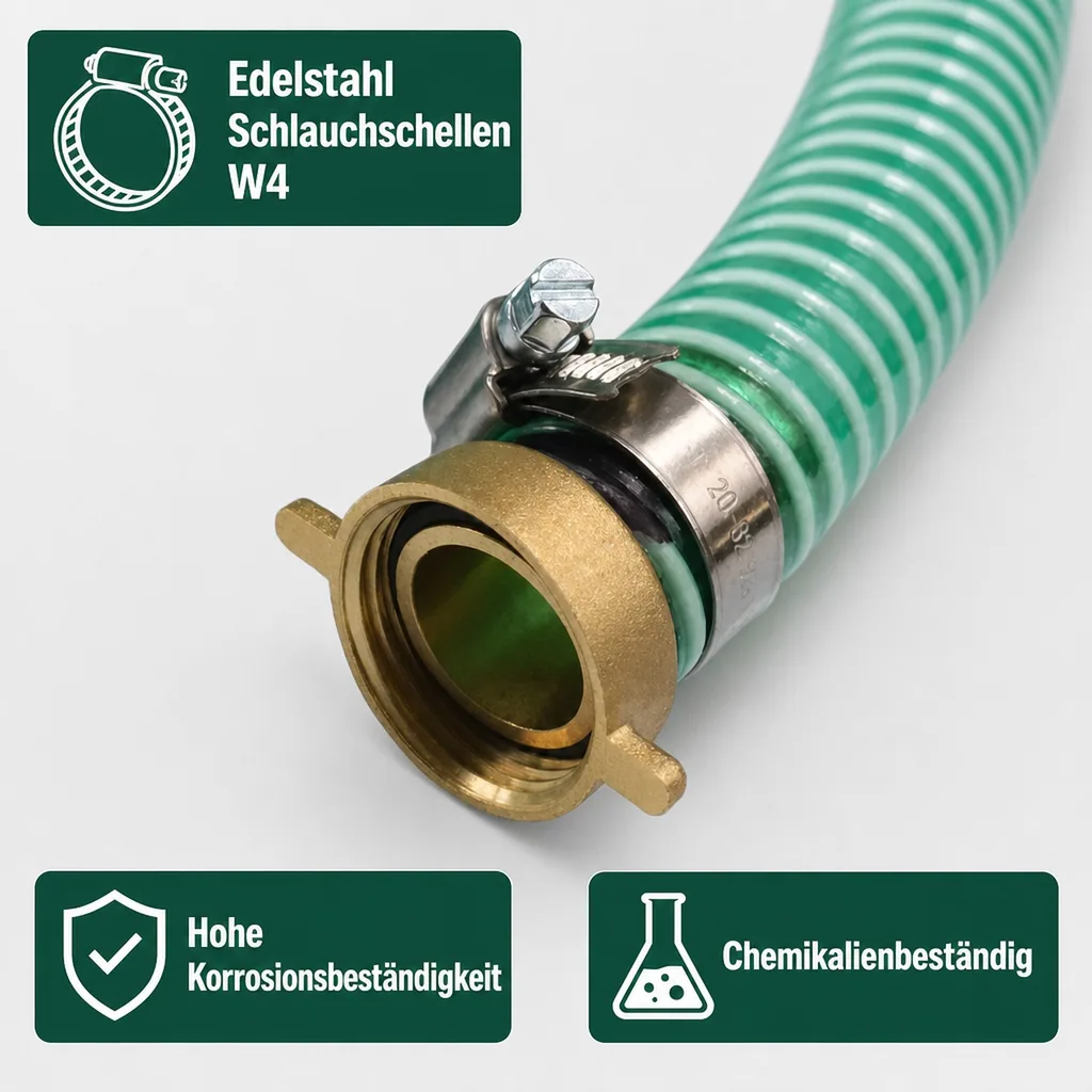 Druckschlauch 1 Zoll, Saug Druckschlauch 25mm, 25m, inkl. Messing Schlauchverschraubung & Edelstahl Schlauchschellen