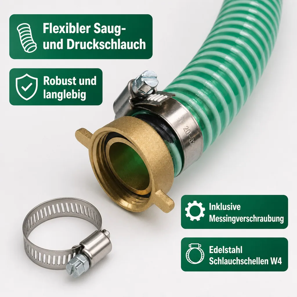 Druckschlauch 1 Zoll, Saug Druckschlauch 25mm, 25m, inkl. Messing Schlauchverschraubung & Edelstahl Schlauchschellen