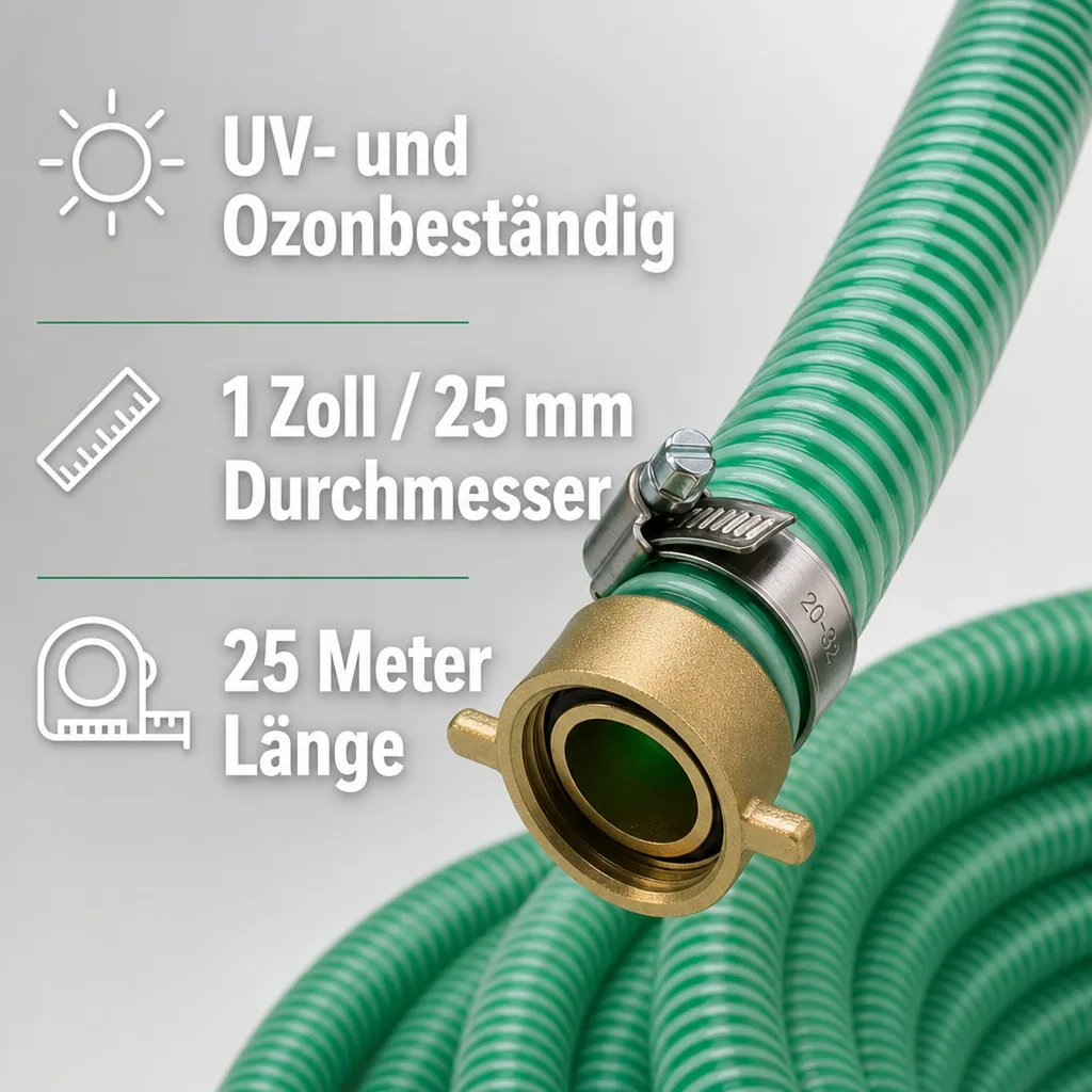 Druckschlauch 1 Zoll, Saug Druckschlauch 25mm, 25m, inkl. Messing Schlauchverschraubung & Edelstahl Schlauchschellen