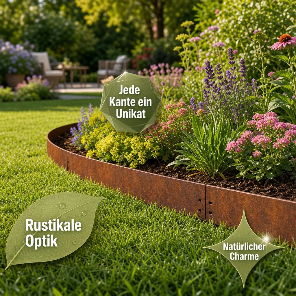 10er Set Rasenkante Cortenstahl 70 cm lang, 13,5 - 18,5 cm hoch, Beeteinfassung, Beetumrandung - Metall feuerverzinkt, Breite: 13.5 cm