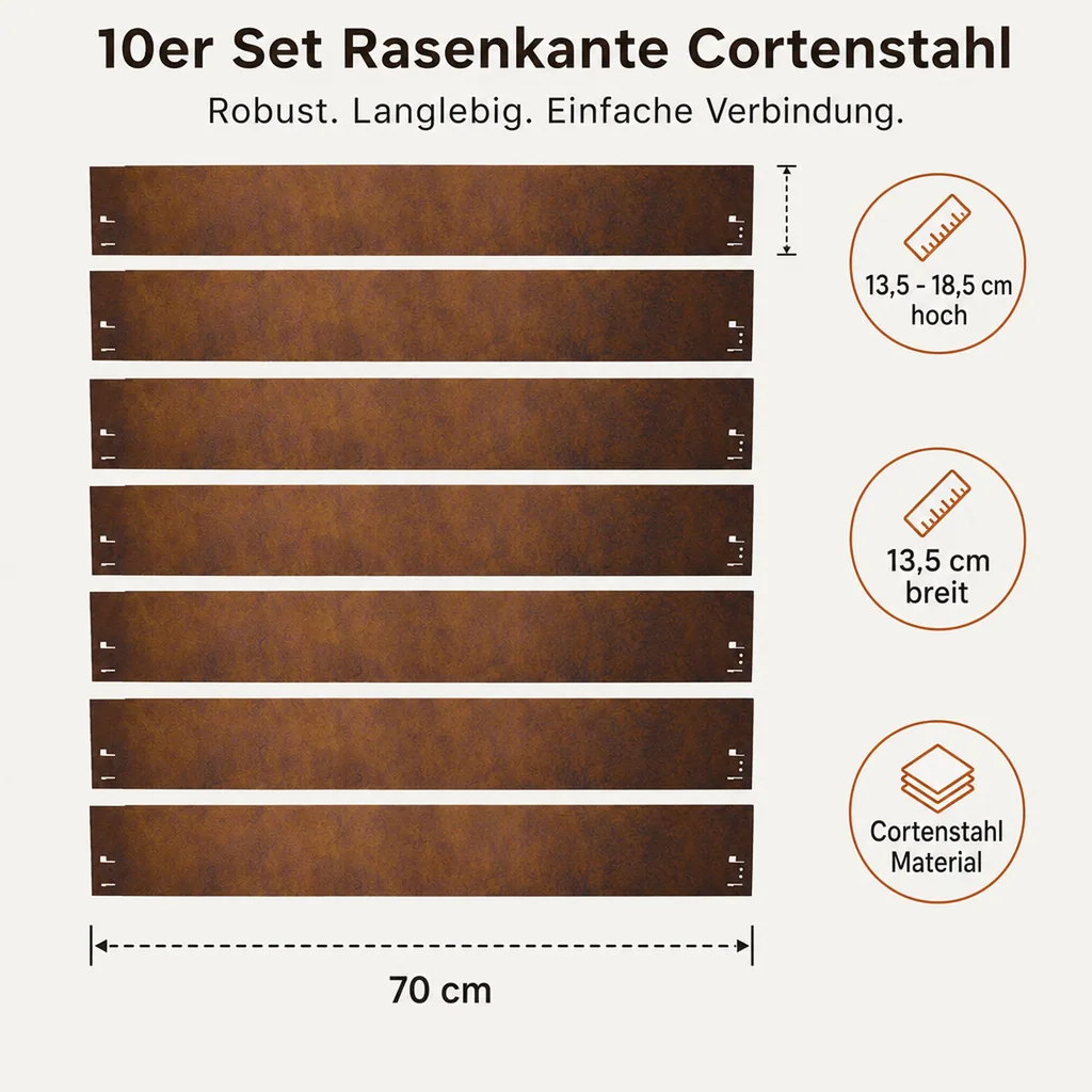 10er Set Rasenkante Cortenstahl 70 cm lang, 13,5 - 18,5 cm hoch, Beeteinfassung, Beetumrandung - Metall feuerverzinkt, Breite: 13.5 cm