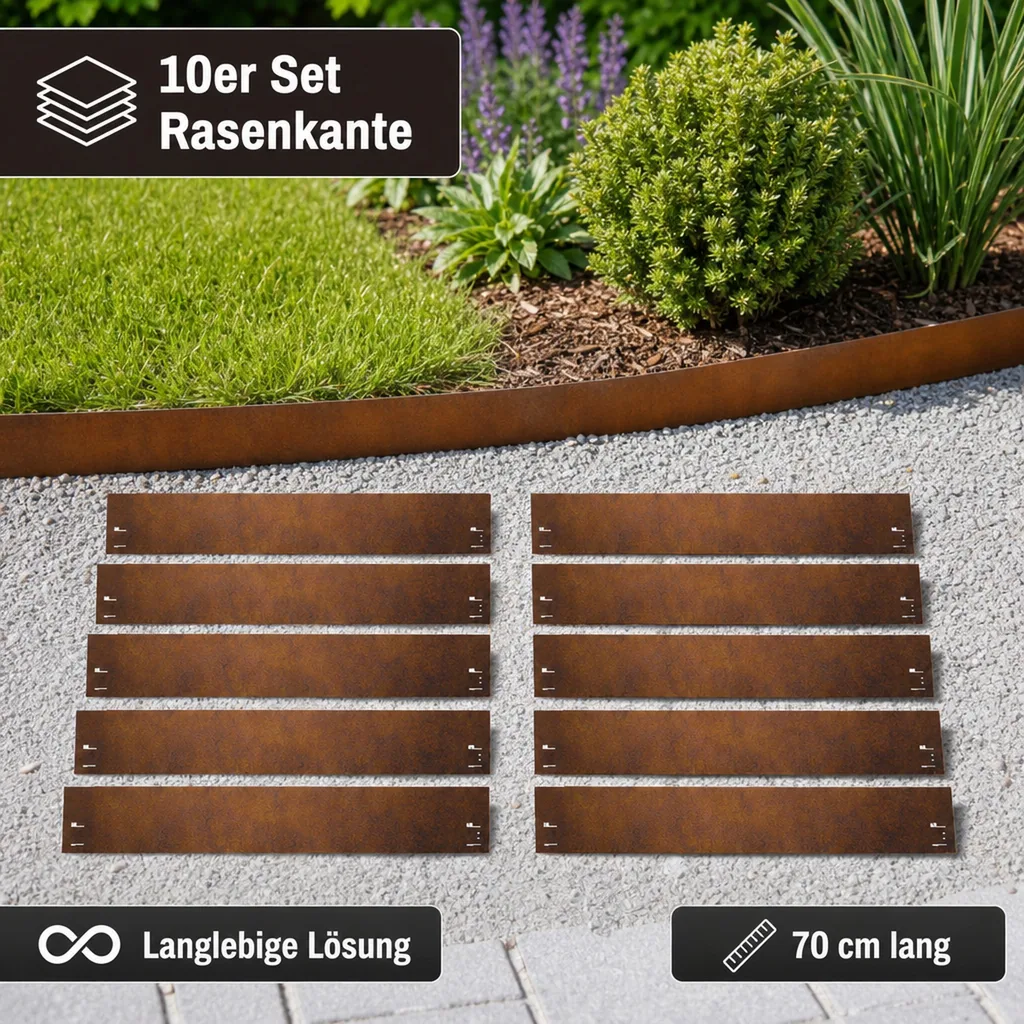 10er Set Rasenkante Cortenstahl 70 cm lang, 13,5 - 18,5 cm hoch, Beeteinfassung, Beetumrandung - Metall feuerverzinkt, Breite: 13.5 cm