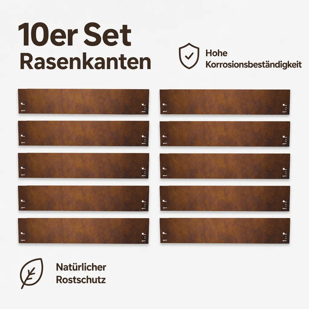 10er Set Rasenkante Cortenstahl 120 cm lang, 13,5 - 18,5 cm hoch, Beeteinfassung, Beetumrandung, Breite: 18.5 cm