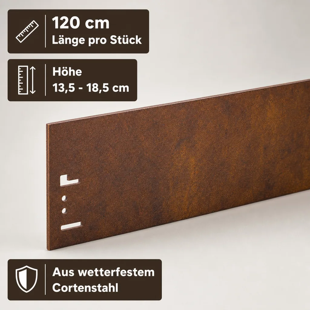 10er Set Rasenkante Cortenstahl 120 cm lang, 13,5 - 18,5 cm hoch, Beeteinfassung, Beetumrandung, Breite: 13.5 cm