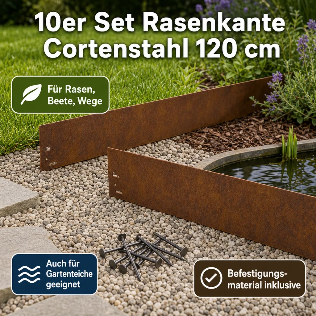 10er Set Rasenkante Cortenstahl 120 cm lang, 13,5 - 18,5 cm hoch, Beeteinfassung, Beetumrandung, Breite: 13.5 cm
