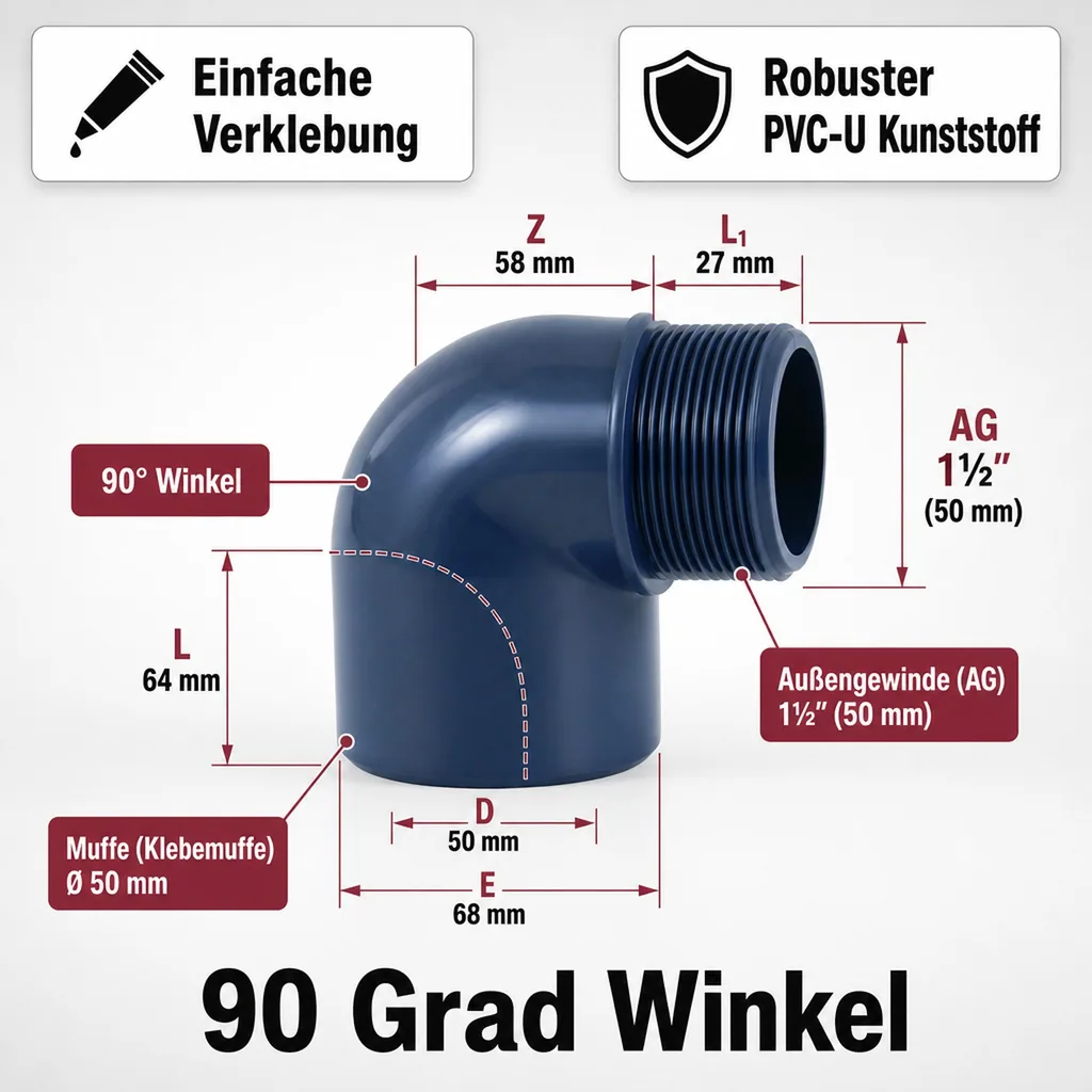 PVC Winkel 50mm, 90 Grad, Muffe x AG, PN10
