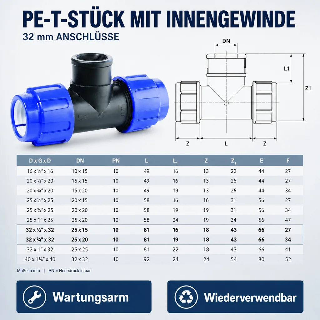 PE Rohr Verschraubung T-Stück 32mm, Klemmverbinder