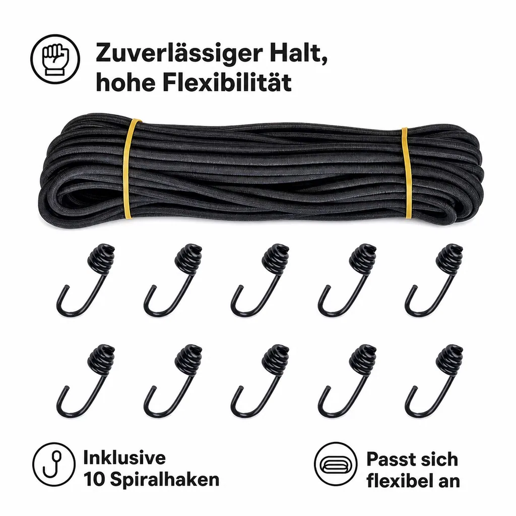 Expanderseil 8mm schwarz 20m, Gummiseil mit 10 Spiralhaken