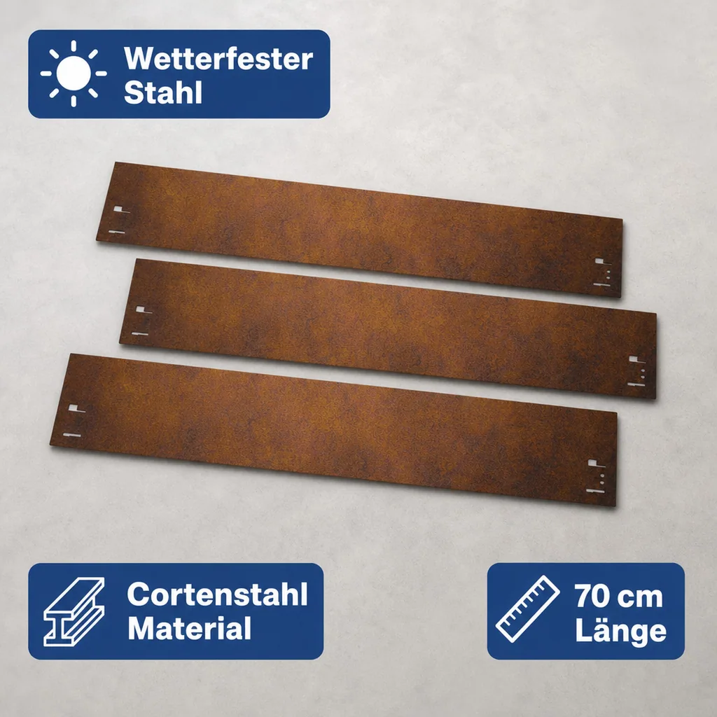 10er Set Rasenkante Cortenstahl 70 cm lang, 13,5 - 18,5 cm hoch, Beeteinfassung, Beetumrandung - Metall feuerverzinkt, Breite: 18.5 cm