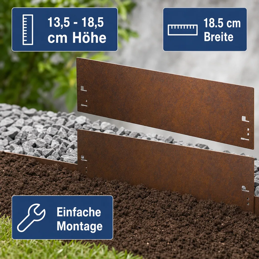 10er Set Rasenkante Cortenstahl 70 cm lang, 13,5 - 18,5 cm hoch, Beeteinfassung, Beetumrandung - Metall feuerverzinkt, Breite: 18.5 cm
