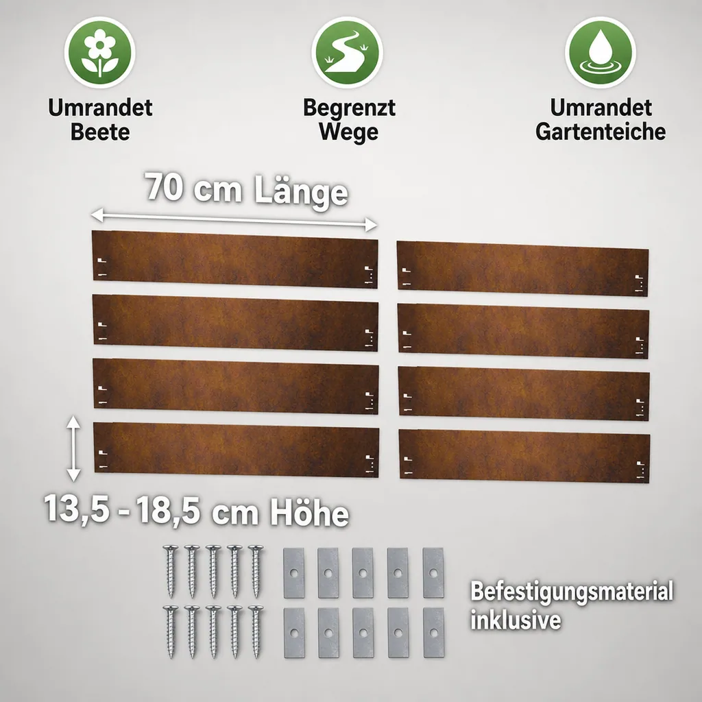 10er Set Rasenkante Cortenstahl 70 cm lang, 13,5 - 18,5 cm hoch, Beeteinfassung, Beetumrandung - Metall feuerverzinkt, Breite: 18.5 cm