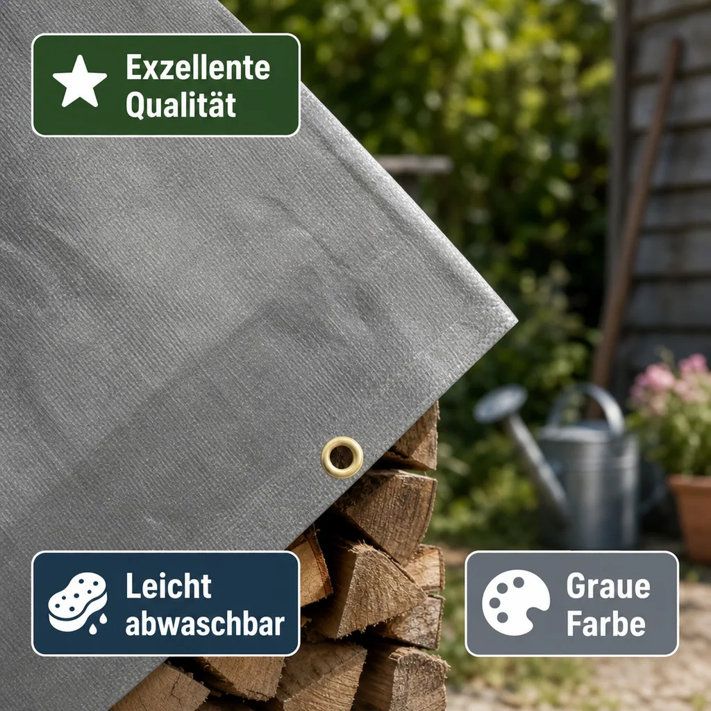 Abdeckplane, 280g/m² grau, wasserdicht, reißfest, UV-stabilisiert, PE, Bau und Garten, 3x6m (18m²)