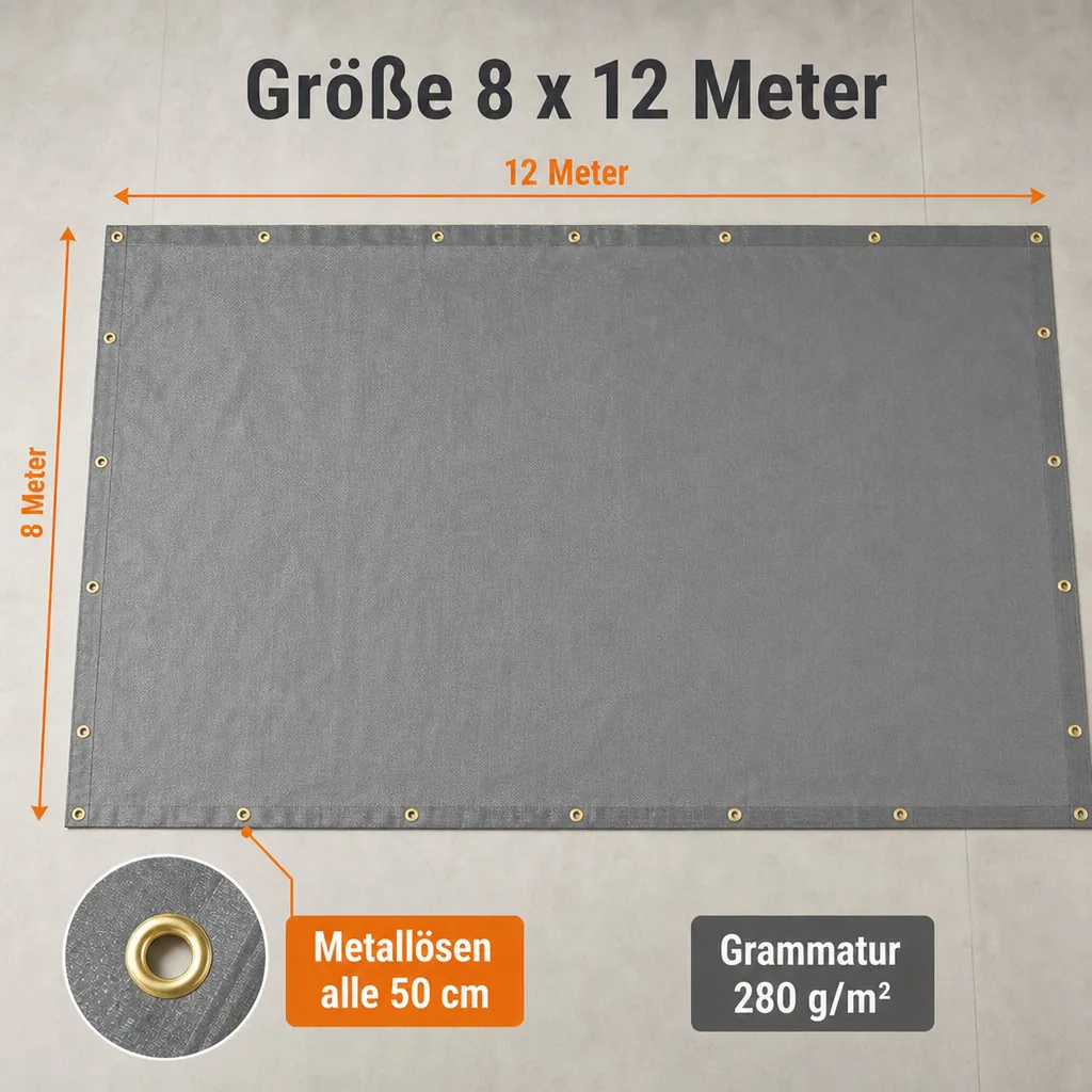 Abdeckplane 8x12m, grau, 280g/m², (96m²), wasserdicht, reißfest