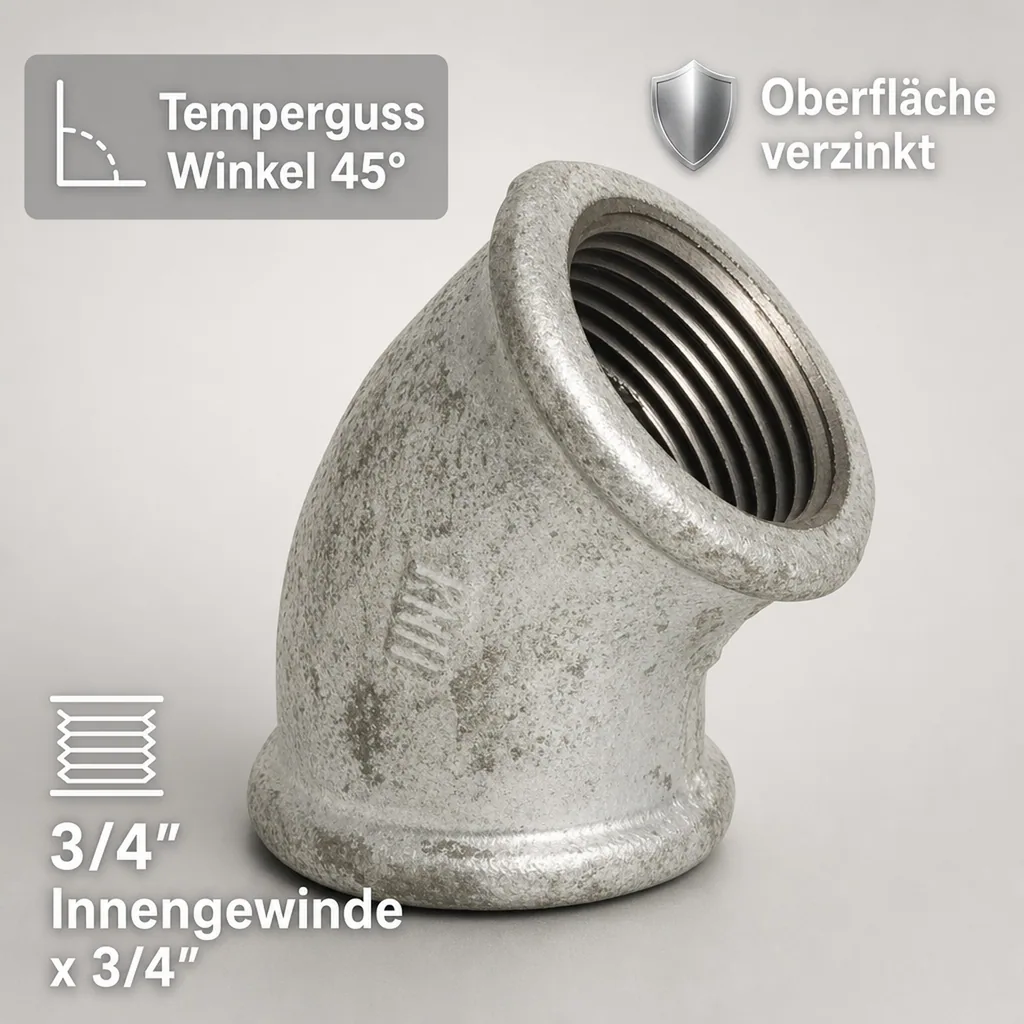 Gewindefitting Temperguss Winkel 45° 3/4" IG x 3/4" IG