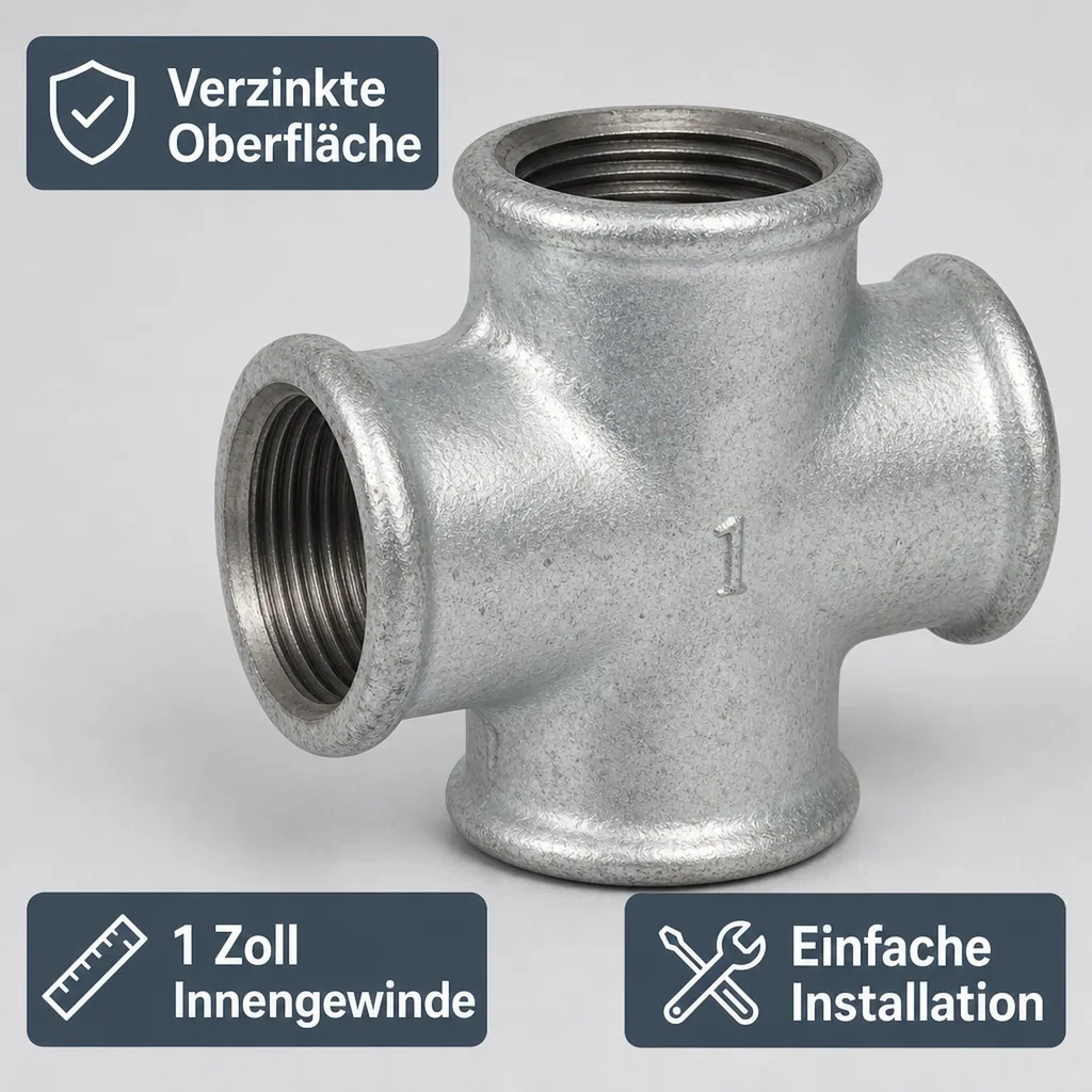 Tempergussfitting, Gewindefitting 1 Zoll, Kreuzstück, verzinkt
