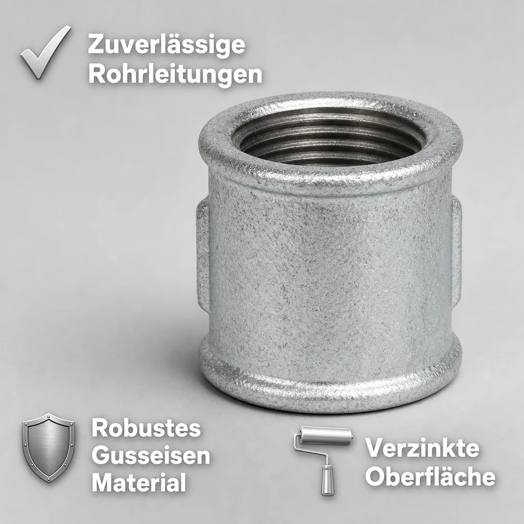 Tempergussfitting, Gewindefitting 1/2 Zoll, Muffe Innengewinde