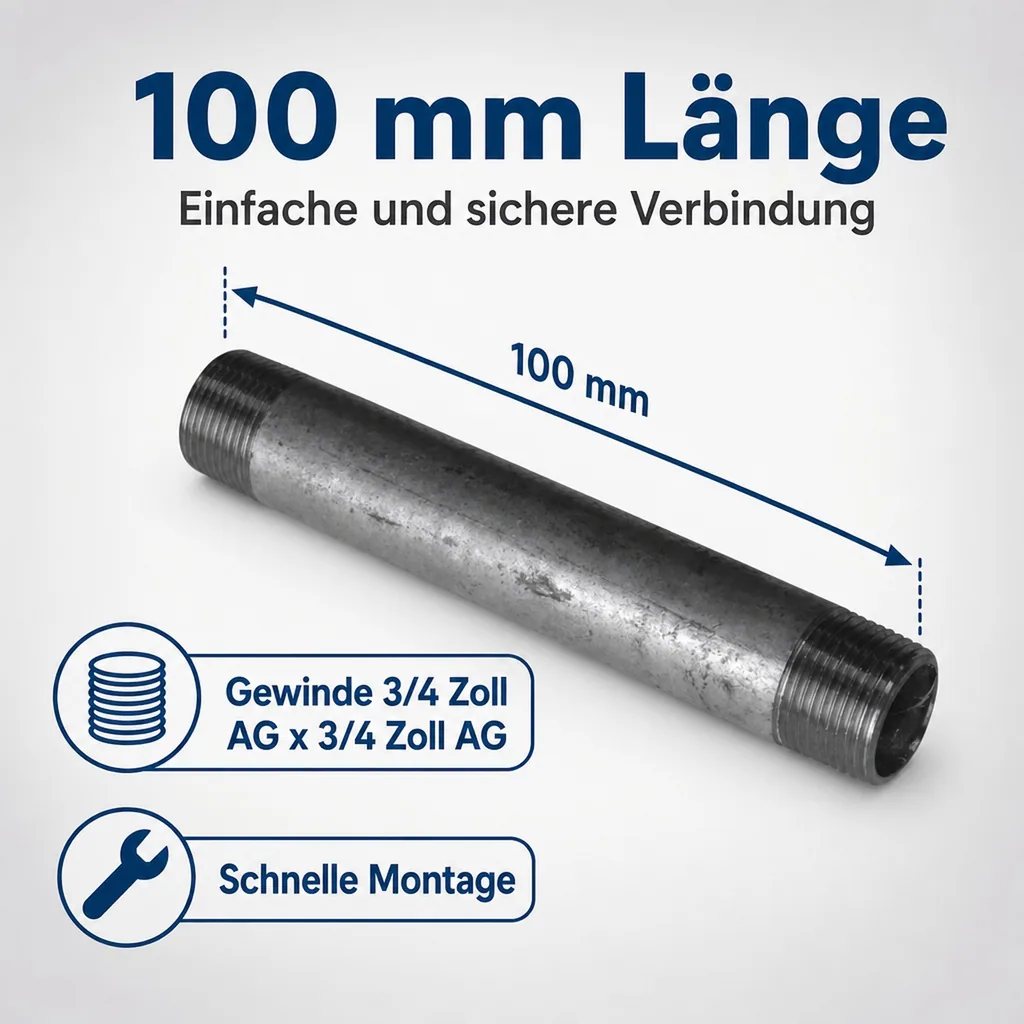 Rohrnippel verzinkt, Gewindefitting 3/4 Zoll, Stahl, 100 mm