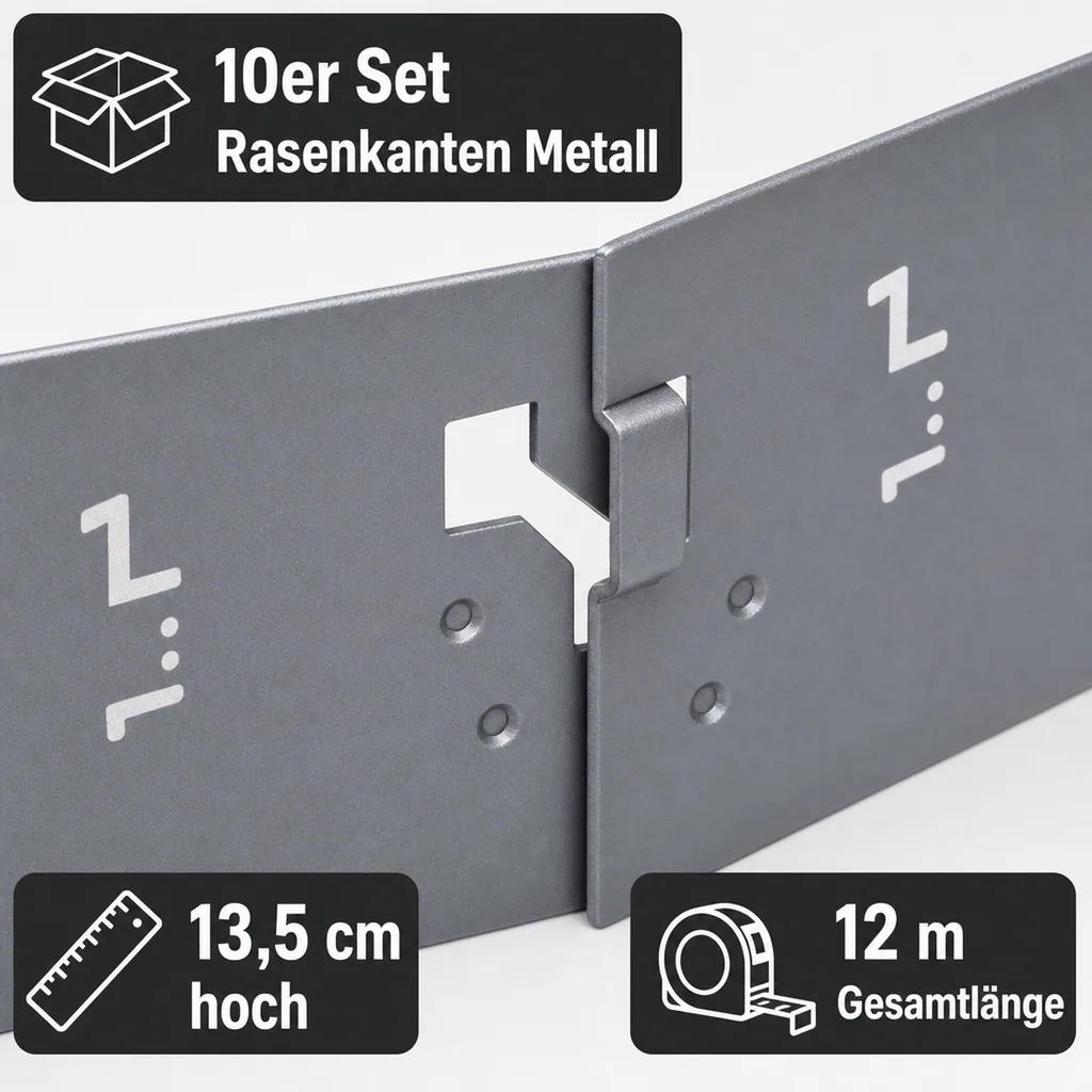 10er Set Rasenkanten Metall 13.5 cm hoch, 12 m lang | Beeteinfassung | Beetumrandung | Beetbegrenzungen, Color-GS: grau