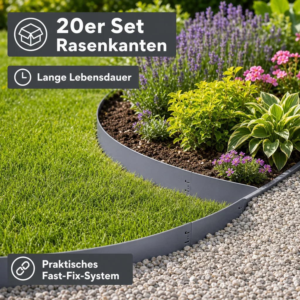 20er Set Rasenkanten Metall 13.5 cm hoch, 24 m lang | Beeteinfassung | Beetumrandung | Beetbegrenzungen, Color-GS: ohne Farbe