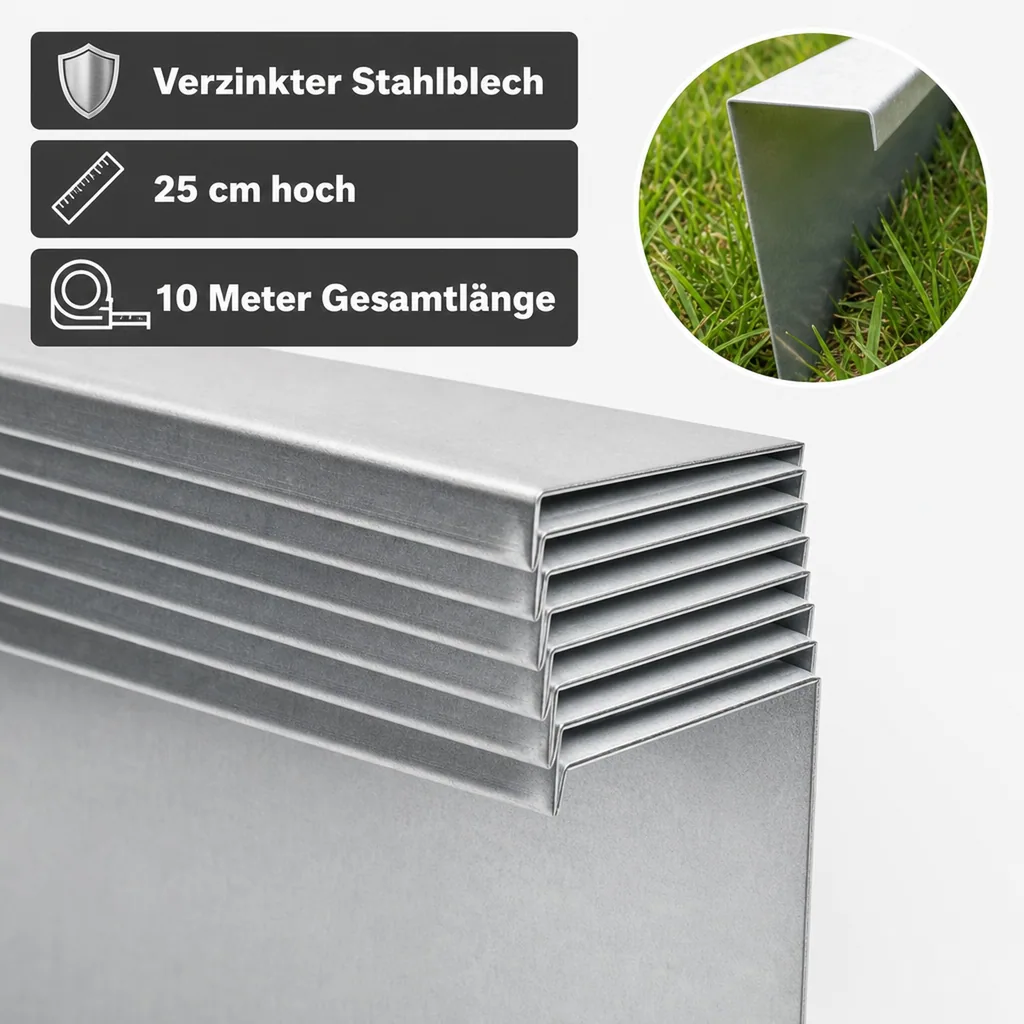 10er Set Schneckenzaun aus verzinktem Stahlblech 25cm hoch 10m lang | Schneckenblech | Schneckenschutz | Schneckenabwehr