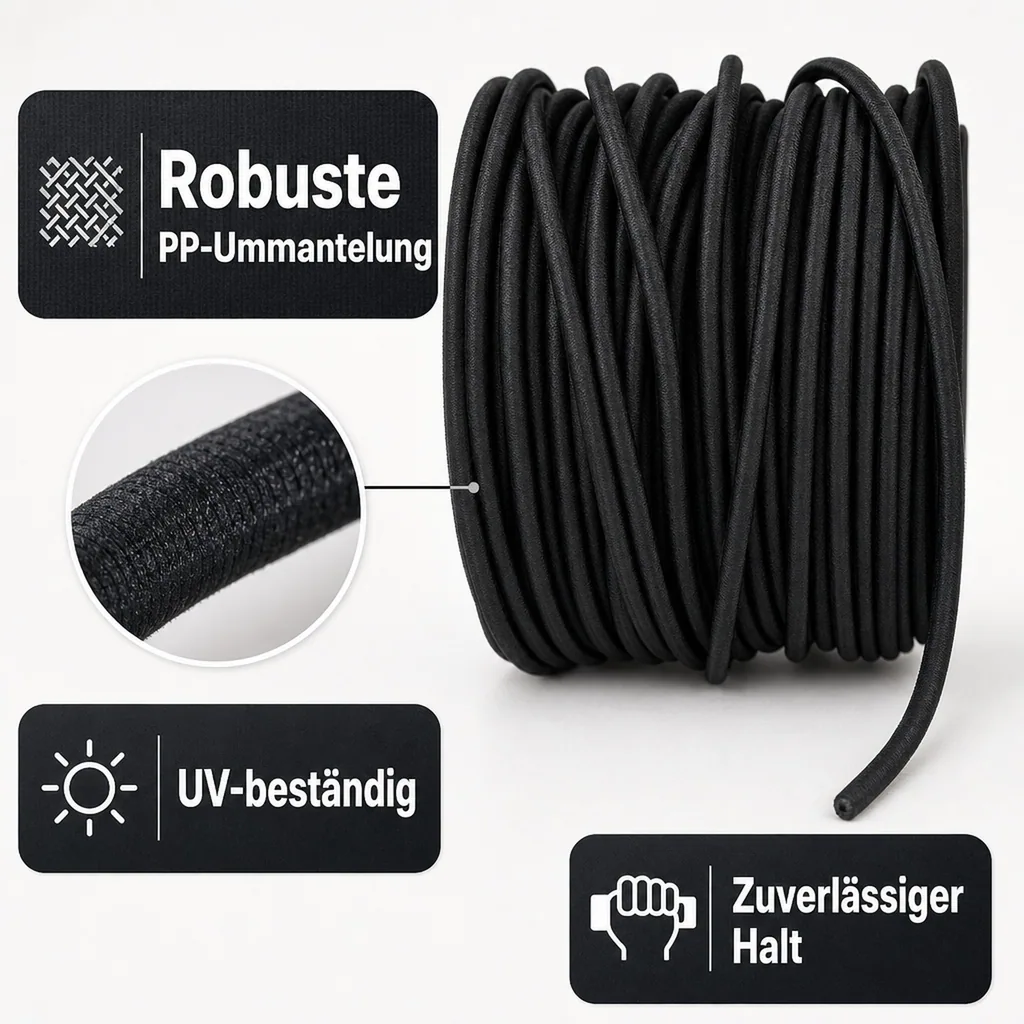 Expanderseil 6 mm, Schwarz, 5 Meter, Gummiseil, Planenseil