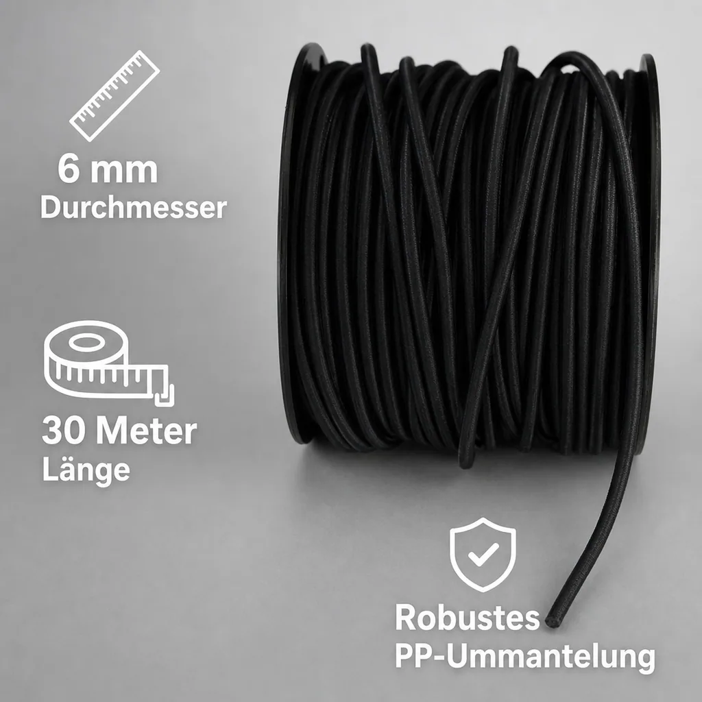 Expanderseil 6 mm, schwarz, 30 Meter, Gummiseil, UV-beständig