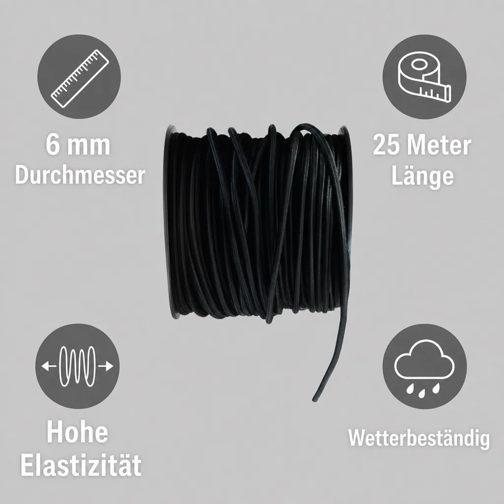 Expanderseil 6 mm, schwarz, 25 m, Gummiseil Meterware, Planenseil