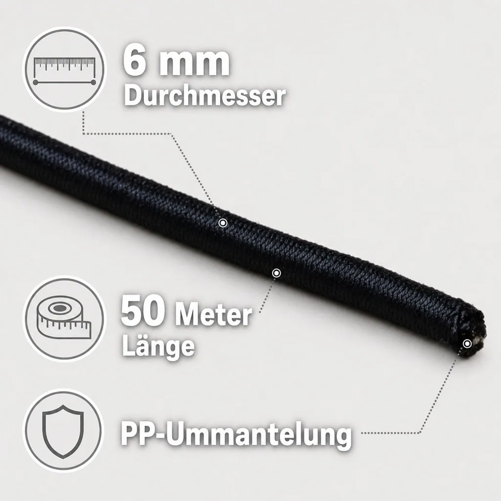 Expanderseil 6 mm, schwarz, 50 Meter, Gummiseil, PP Ummantelung