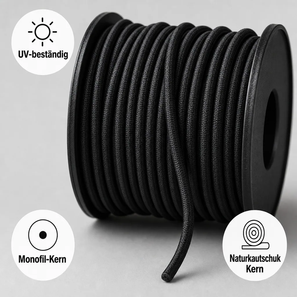 Expanderseil 6 mm, schwarz, 12 Meter, PP Ummantelung, Planenseil
