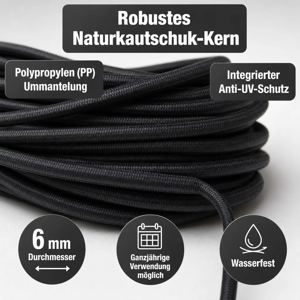 Expanderseil 6 mm schwarz, 5 Meter, Gummiseil, Planenseil