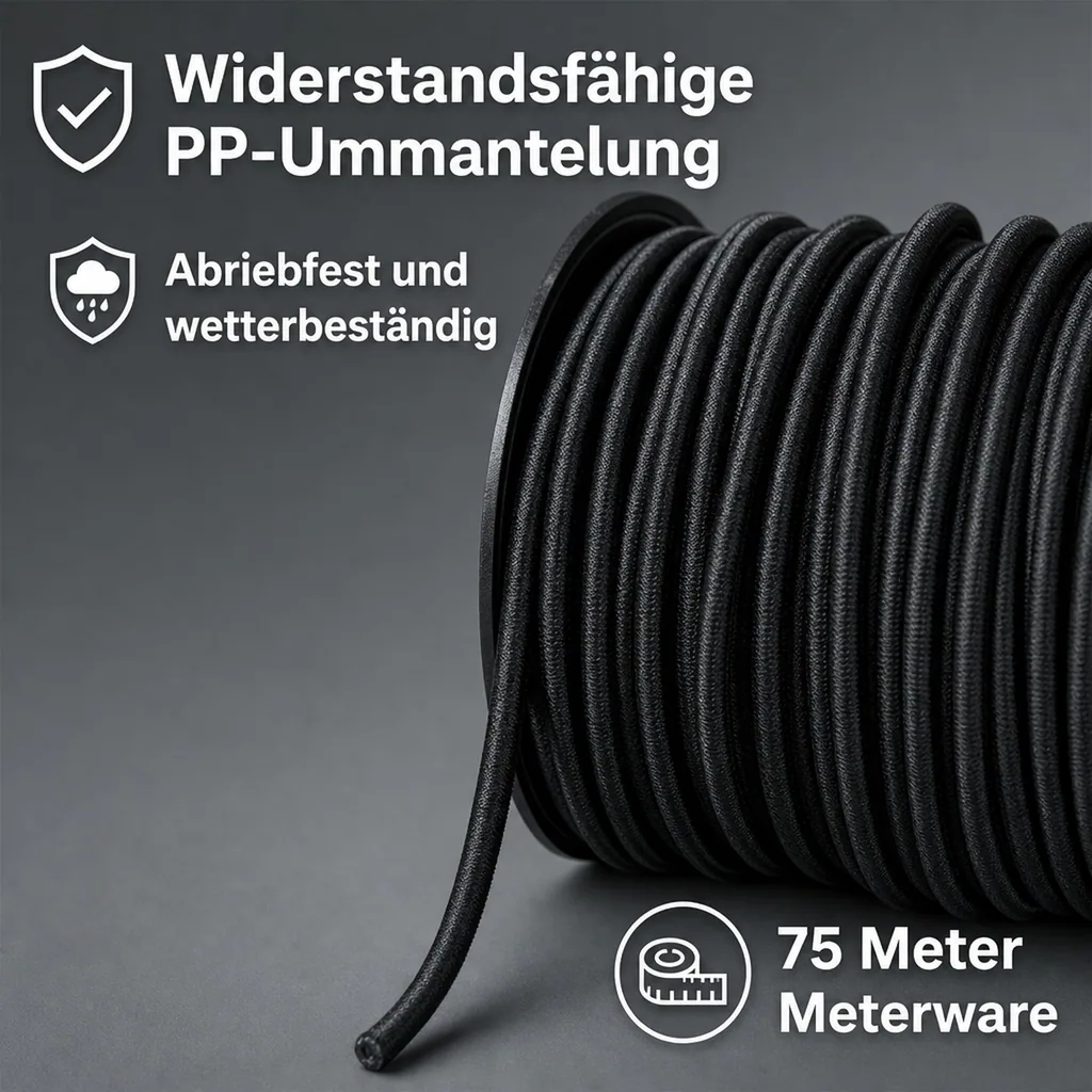 Expanderseil 6 mm schwarz, 75 Meter, UV-beständig