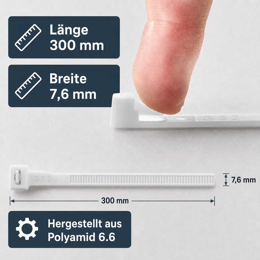 Kabelbinder, 100 Stk. wiederlösbar 300x7,6mm, natur, wiederverwendbar