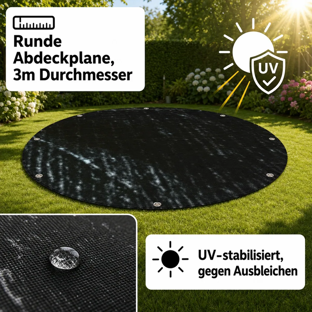 Abdeckplane, rund, 3m, 210g/m², wasserdicht und UV-beständig, Gewebeplane für Gartenmöbel