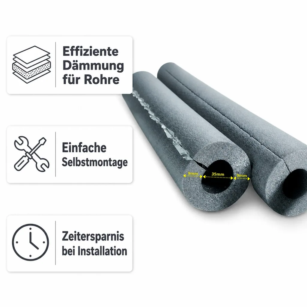 Rohrisolierung selbstklebend, 2x1m Isolierschlauch Ø 35 mm, 9 mm Dämmung Heizungsrohre