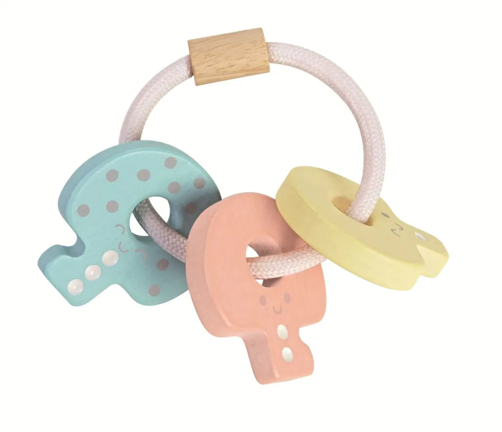 Plan Toys - Rassel - Babyschlüssel pastell, Gummibaumholz
