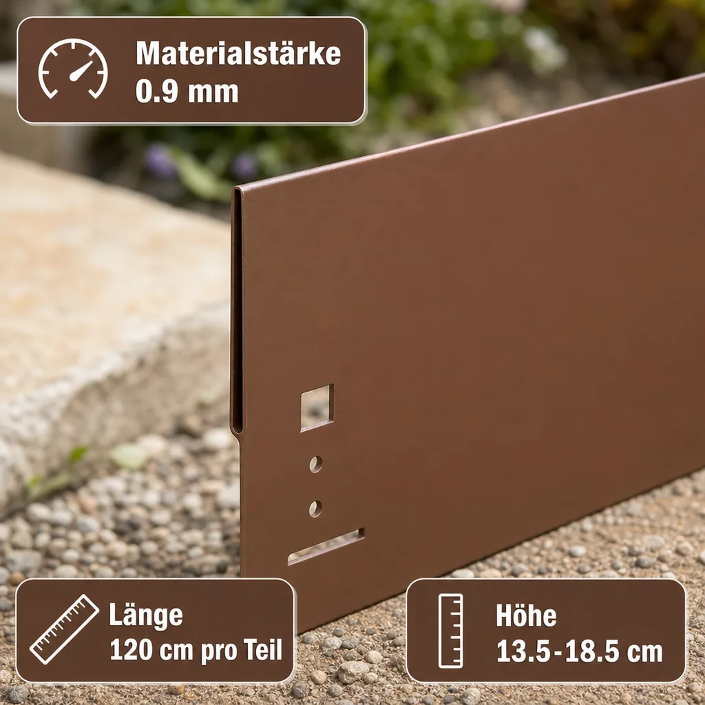 Rasenkanten Metall Höhe 13.5-18.5 cm Länge 120 cm  | Beeteinfassung | Beetumrandung | Beetbegrenzungen, Farbe: Braun; Größe: 1 Stück 18.5cm