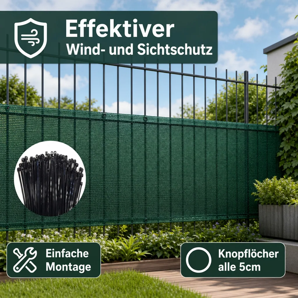 Sichtschutznetz, Windschutznetz, 1m x 25m, mit Kabelbinder & Befestigung