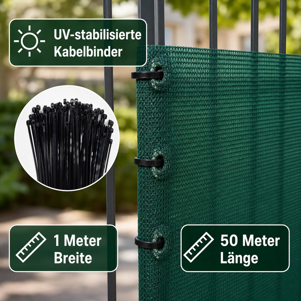 Sichtschutznetz, Windschutznetz, 1x50m, mit Kabelbinder Set