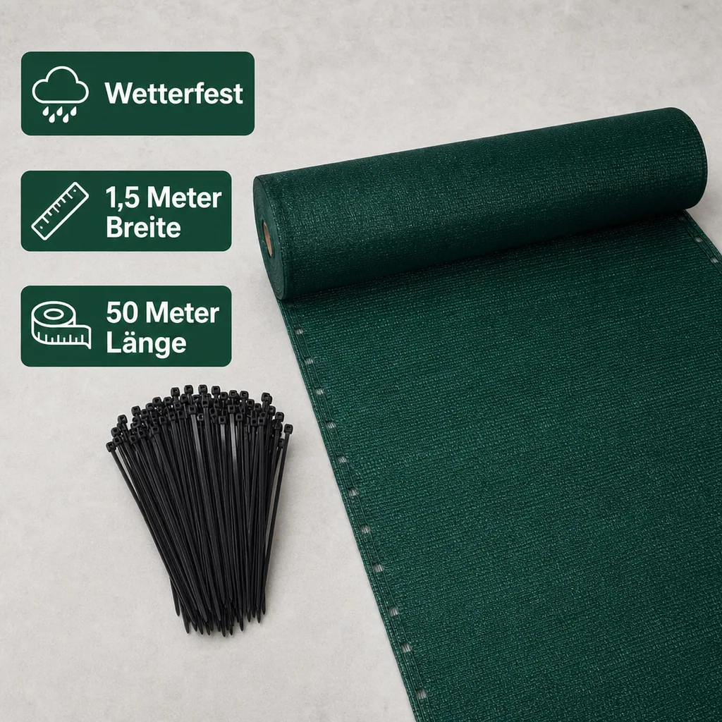 Sichtschutznetz, Windschutznetz, 1,5 m Breite, 50 m, mit Kabelbinder