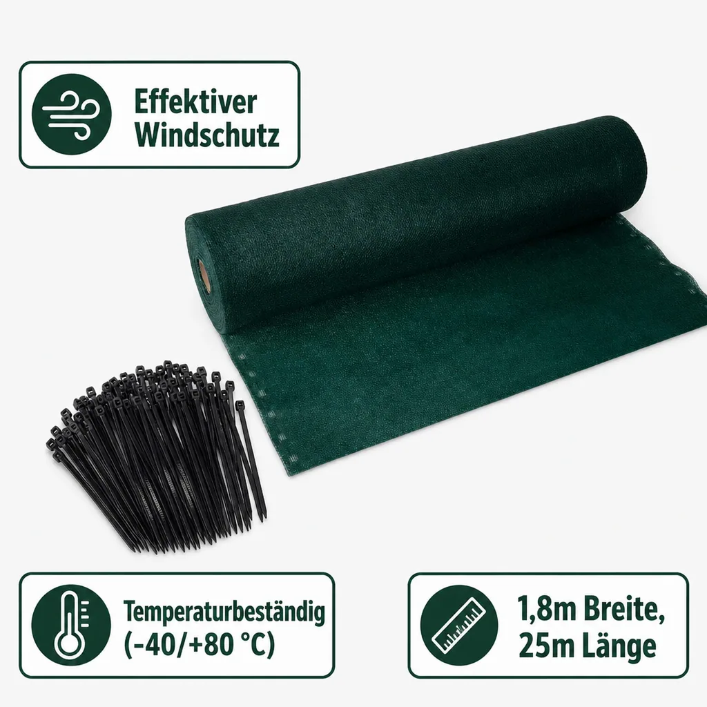 Sichtschutznetz, Windschutznetz, 1,8m x 25m, mit Befestigung, Gartenzaun
