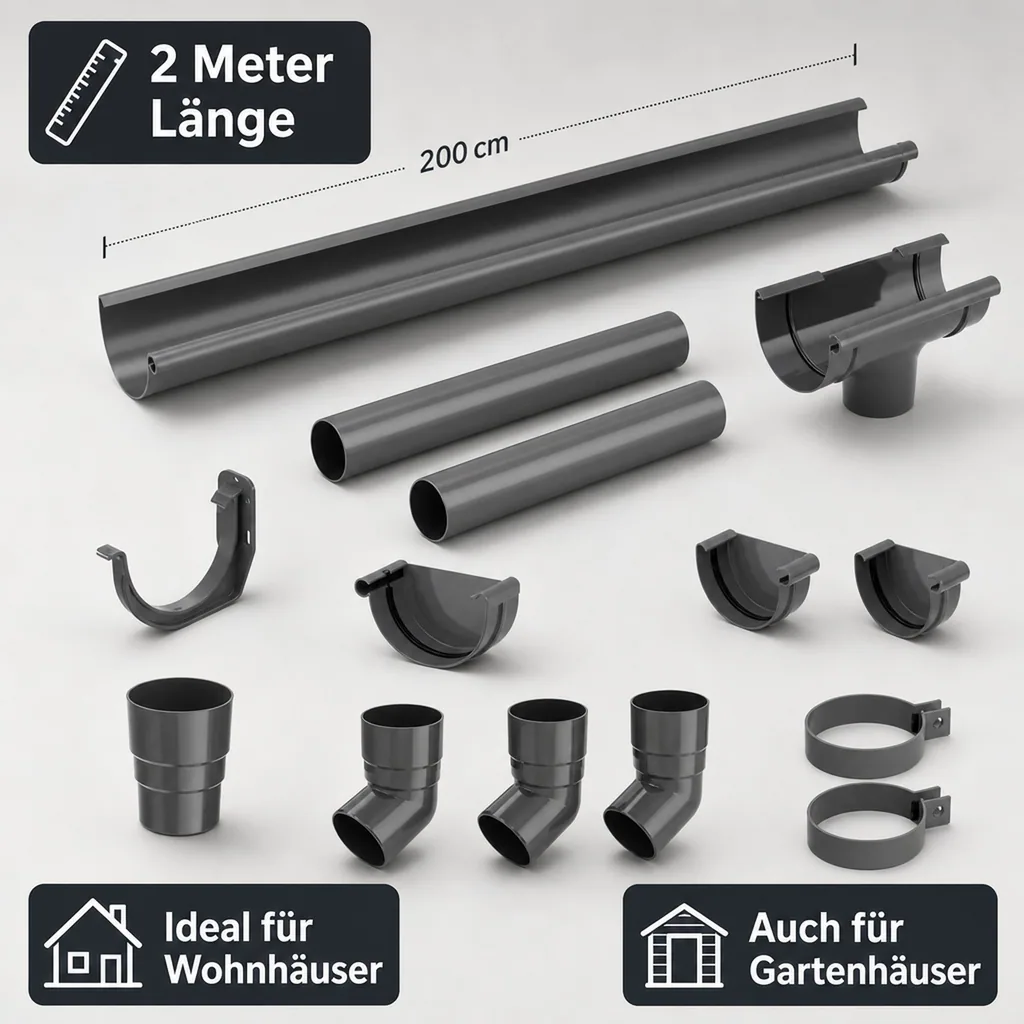 Regenrinne Set, Dachrinne 2m, graphit, System 75